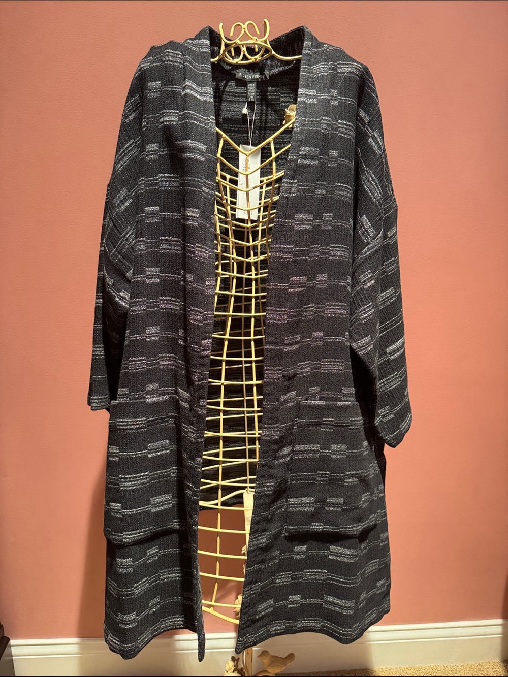 Eileen Fisher Black Spatial Organic Cotton Wool Nylon Blend Kimono Jacket L/XL